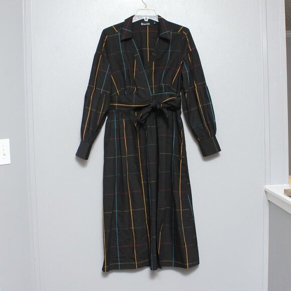 New York and company 7th Avenue poplin maxi shirt black plaid wrap tunic - Picture 1 of 8